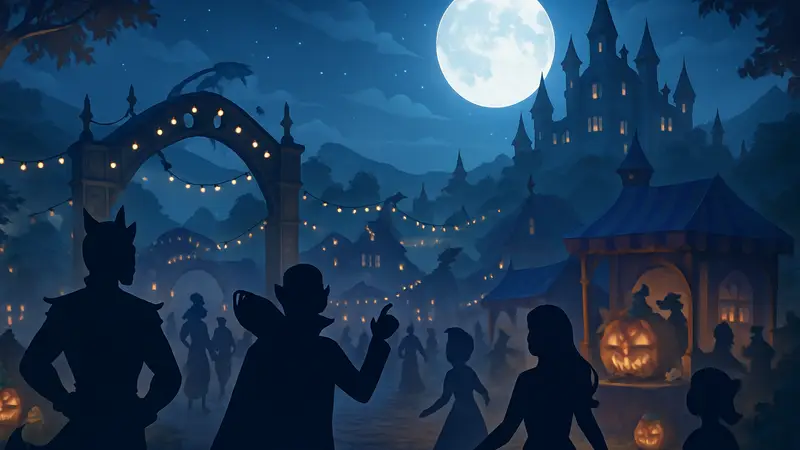Изображение фестиваля Вечной Ночи в игре Moonlight Peaks с персонажами и декорациями.