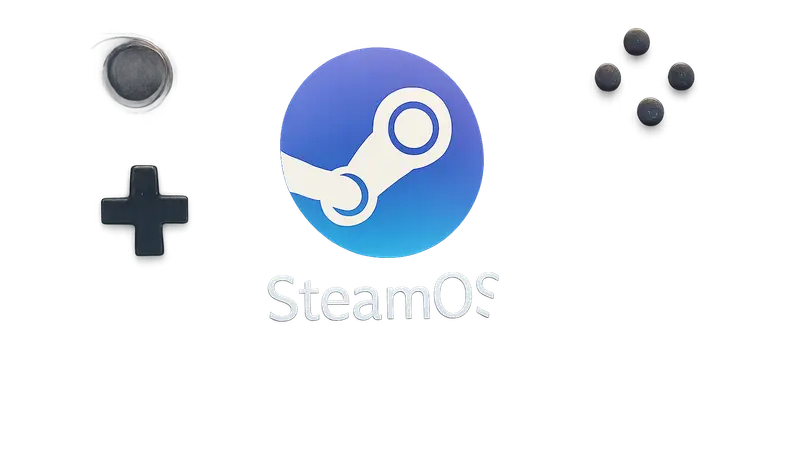 Логотип SteamOS на фоне игрового контроллера Steam Deck или Steam Machine, символизирующий обновление системы.