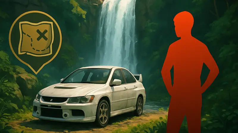 Mitsubishi Lancer Evolution под водопадом в Forza Horizon 6, карта сокровищ.