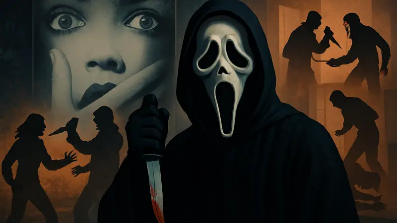 Ghost Face с ножом на фоне постера фильма "Крик", сцены убийств из франшизы