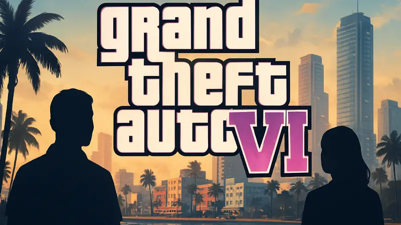 Логотип Grand Theft Auto VI на фоне городского пейзажа Вайс-Сити.