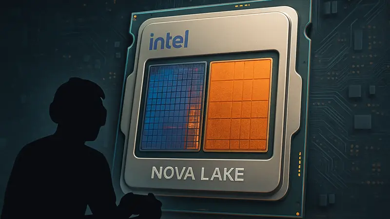 Изображение процессора Intel Nova Lake с увеличенным кристаллом и дополнительным кэшем для игр.