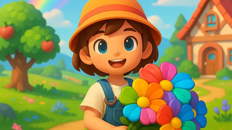 Игровой скриншот из Heartopia, демонстрирующий персонажа с радужными букетами на фоне красочного ландшафта