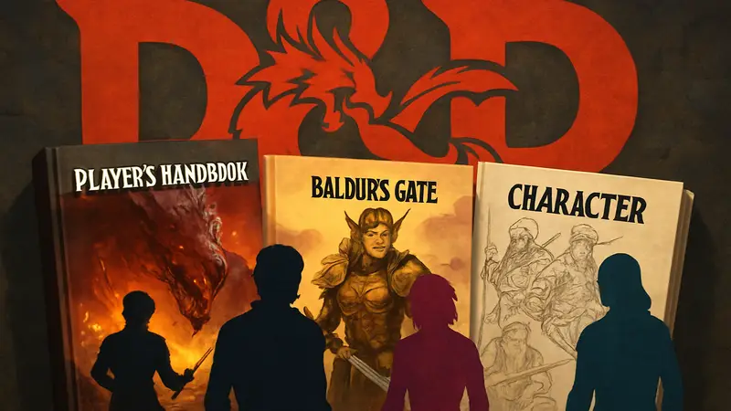 Обложки новых книг Dungeons & Dragons, включая роман по Baldur's Gate 3, на фоне логотипа D&D