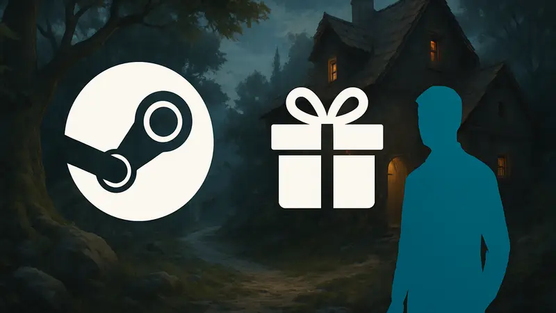 Логотип Steam и значок подарка, символизирующий бесплатную приключенческую игру