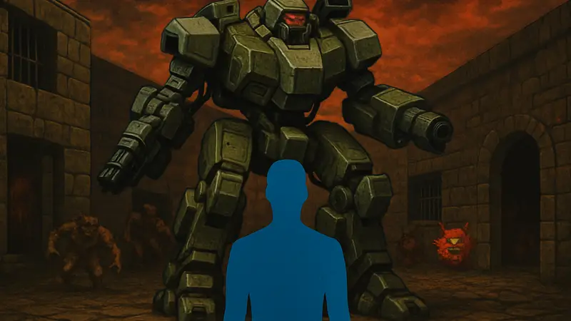 Скриншот из Doom с боевым роботом-мехом