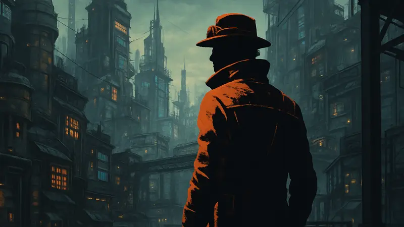 Главный герой игры Replaced в стимпанк-антураже на фоне киберпанк-города.