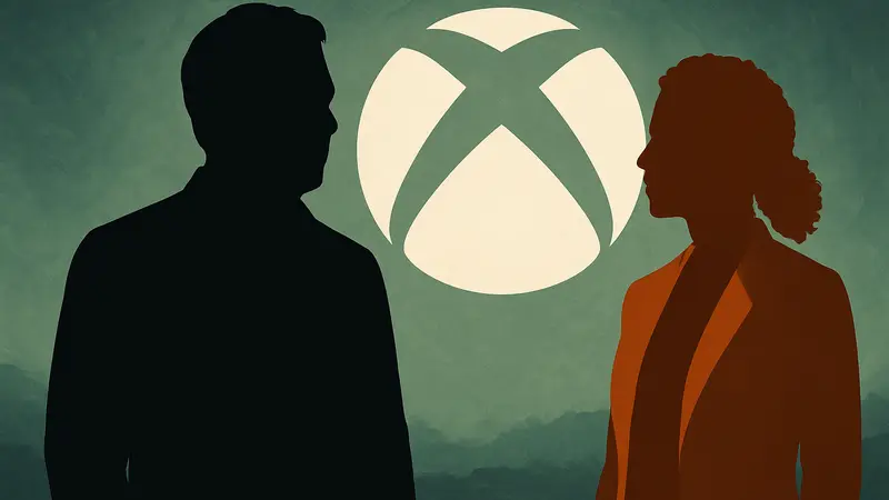 Портреты Фила Спенсера и Сары Бонд на фоне логотипа Xbox, символизирующие смену руководства игровой корпорации.