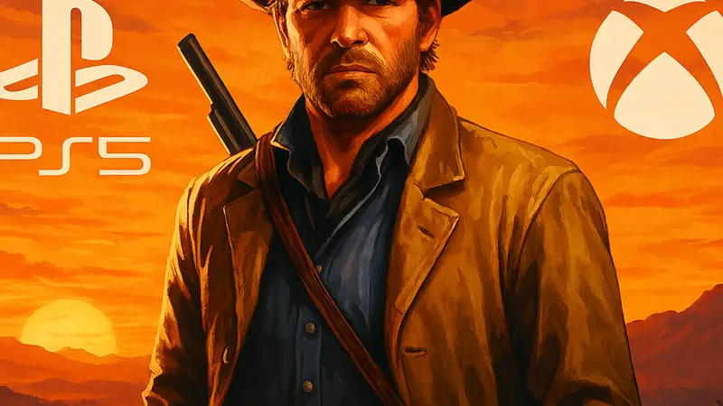 Главный герой Red Dead Redemption 2 Артур Морган на фоне закатного пейзажа с логотипами PS5 и Xbox Series