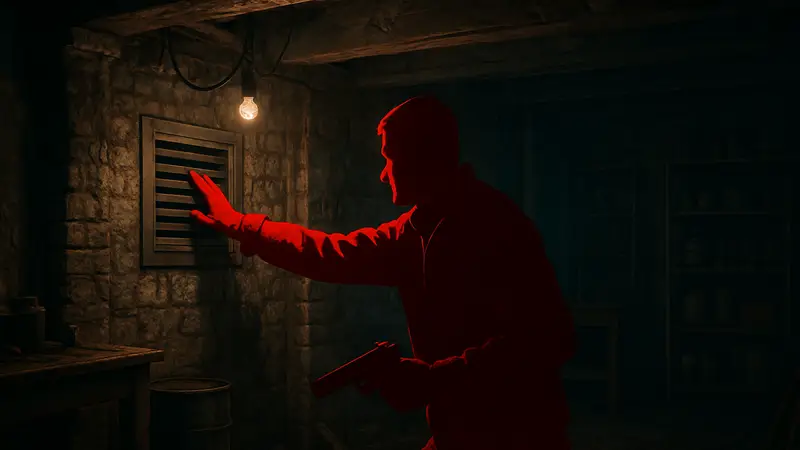 Игровой скриншот: Игрок открывает запертую вентиляцию в Resident Evil Requiem в Подвальной мастерской.