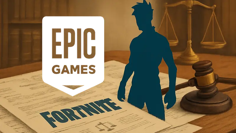 Логотип Epic Games и Fortnite на фоне судебных документов.