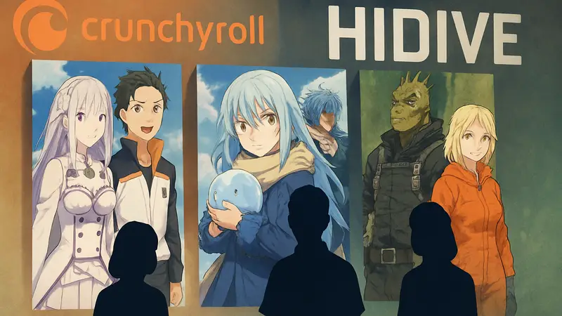 Обложки аниме Re:Zero, Tensura и Dorohedoro на фоне логотипов Crunchyroll и HIDIVE.