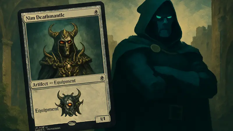 Игровая карта Nim Deathmantle из Magic: The Gathering на фоне Доктора Дума