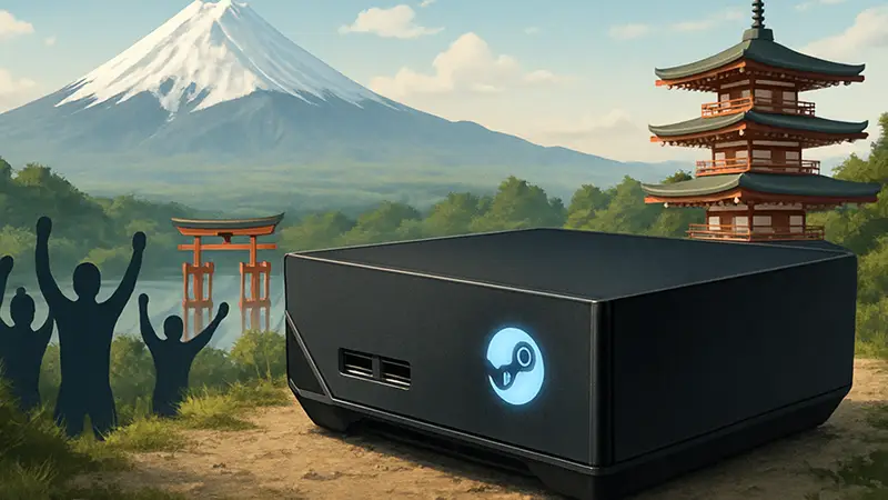 Игровой ПК Steam Machine на фоне японского пейзажа, символизирующий успешные продажи