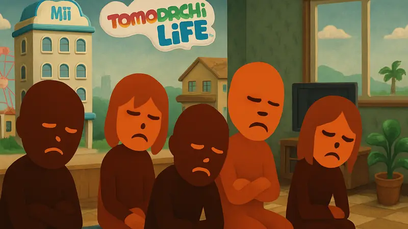 Персонажи Mii из игры Tomodachi Life: Living the Dream, выражающие скуку.