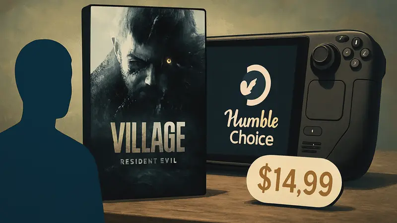 Обложка Resident Evil Village на фоне Steam Deck и логотипа Humble Choice с ценником $14.99.