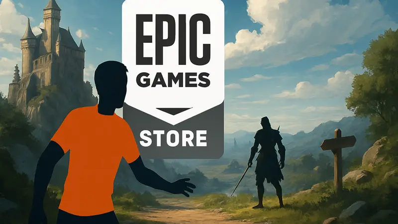 Логотип Epic Games Store на фоне бесплатной игры, доступной к загрузке