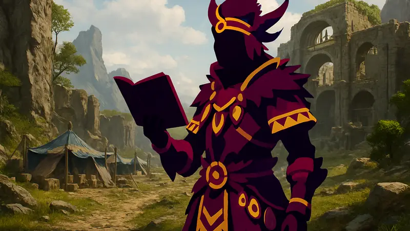 Игровой персонаж Monster Hunter Wilds в снаряжении Dreamspell Festival с каталогом в руках.