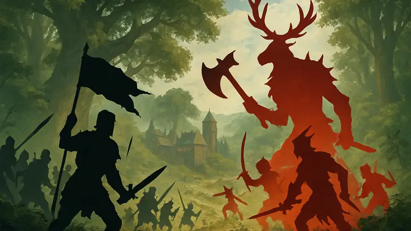 Обложка настольной игры Ironwood от GaGa Games, с изображением двух сражающихся фракций.