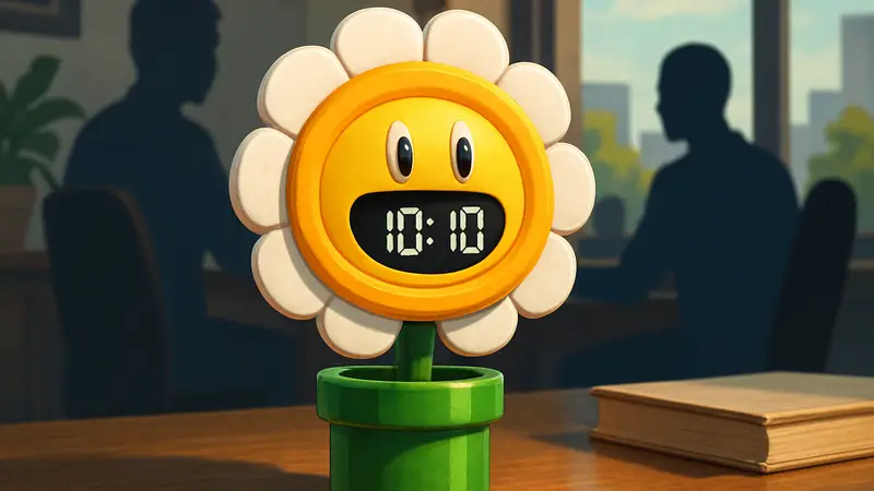 Часы в форме Говорящего цветка из игры Super Mario Bros. Wonder, стоящие на столе, демонстрирующие время.
