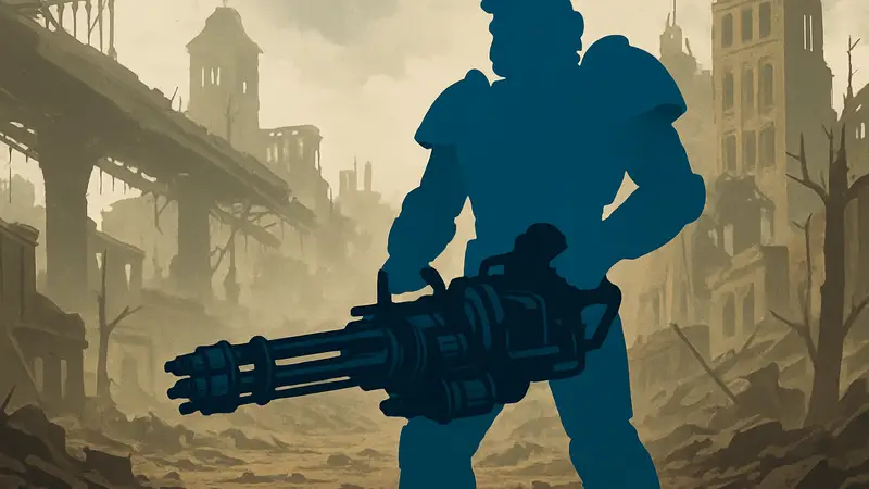 Игрок Fallout 76 держит в руках мощный Гаусс-миниган, на фоне постапока