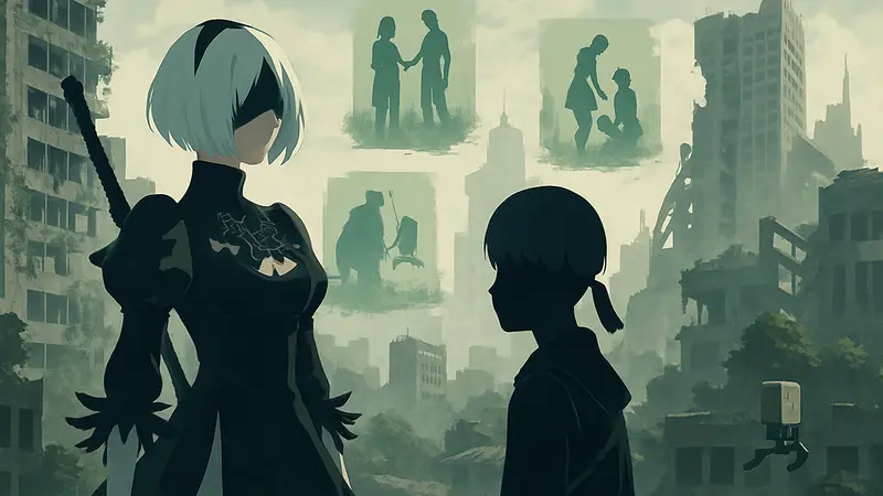 2B и 9S из NieR: Automata стоят на фоне разрушенного города, иллюстрации ключевых сюжетных моментов игры