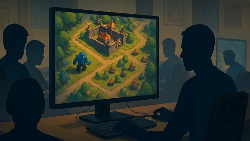 Игроки за компьютерами, играющие в стратегию или Tower Defense