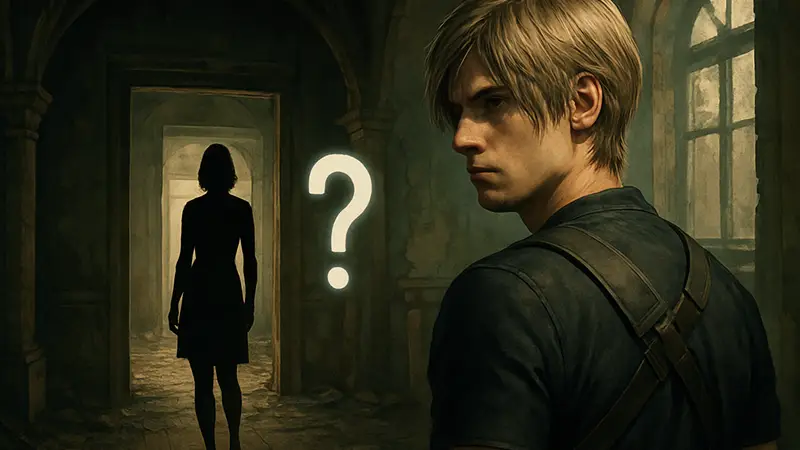 Леон Кеннеди из Resident Evil, возможно, с загадочной женщиной на заднем плане, символ тайны.