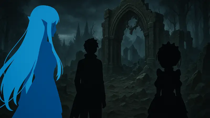 Кадр из аниме Re:Zero с главными героями, отображающий темную фэнтезийную атмосферу.