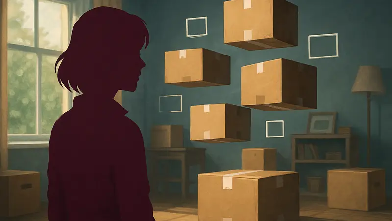 Персонаж Tabitha из игры A Storied Life: Tabitha, смотрящая на коробки, символизирующие механику упаковки.