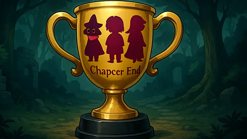 Трофей в стиле Deltarune с изображением персонажей игры и надписью «Chapter End»