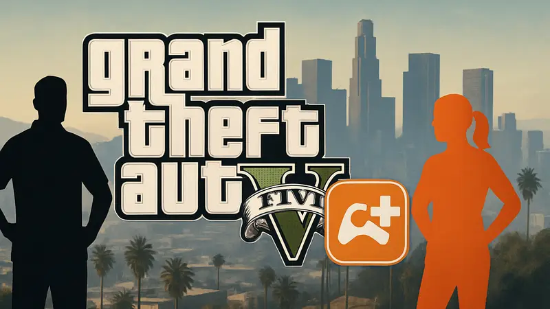 Логотип GTA V и GTA+, демонстрирующий интеграцию игры в подписной сервис Rockstar Games.