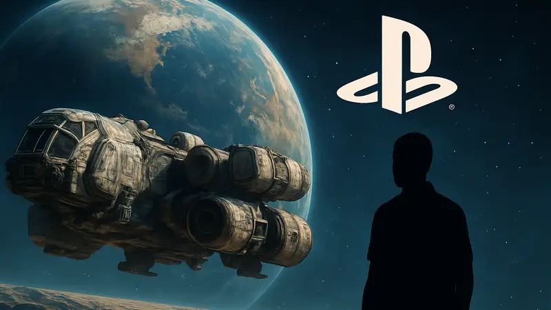 Космический корабль из игры Starfield на фоне планеты и логотипа PlayStation 5