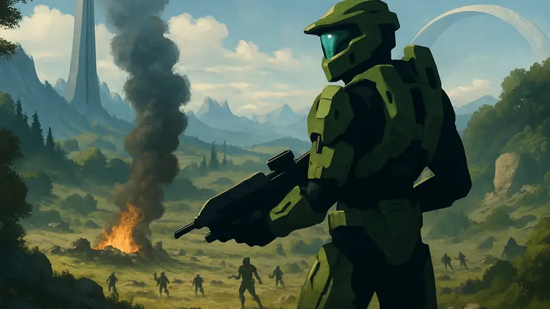 Halo Campaign Evolved: вид от третьего лица, спартанец с оружием в руках на фоне поля битвы