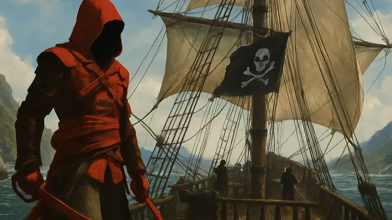Обложка игры Assassin's Creed Black Flag Resynced, изображающая главного героя Эдварда Кенуэя на пиратском корабле.