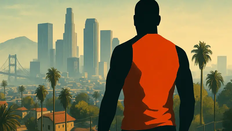 Си-Джей из Grand Theft Auto: San Andreas на фоне Лос-Сантоса, символизирующий величие игры.