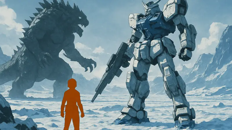 Арт из аниме Snowball Earth с гигантским роботом (меха) и кайдзю в ледяной пустыне.