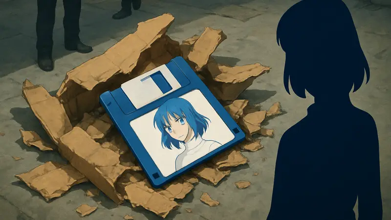 Изображение редкой дискеты с игрой Tsukihime, лежащей на обломках коробки после транспортировки.