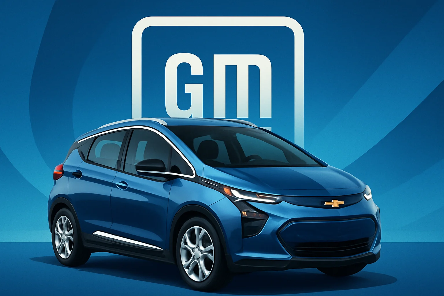 Изображение электромобиля Chevy Bolt EV на фоне логотипа General Motors, символизирующее изменения в производстве