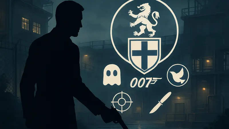 Агент 007 выполняет миссию в игре 007 First Light, на фоне эмблемы "За Англию" и различных иконок испытаний.