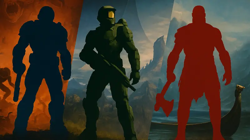 Подборка обложек игр, где персонажи обладают сверхсилой, например, Doomguy или Кратос