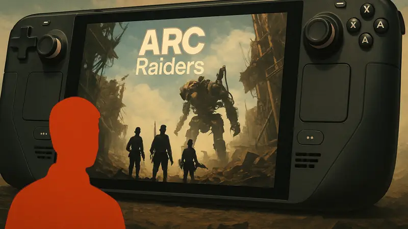Обложка игры ARC Raiders на фоне портативной консоли Steam Deck.