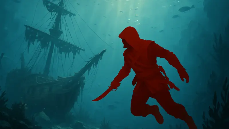 Капитан Эдвард Кенуэй из Assassin's Creed Black Flag исследует затонувший корабль под водой.