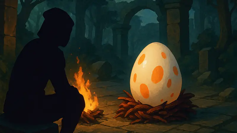 Изображение Яйца Бёрдониса из Slay the Spire 2, возможно, на фоне места отдыха
