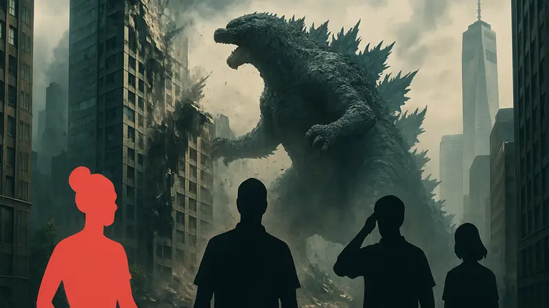 Годзилла разрушает небоскребы Нью-Йорка из трейлера фильма «Годзилла Минус Ноль».