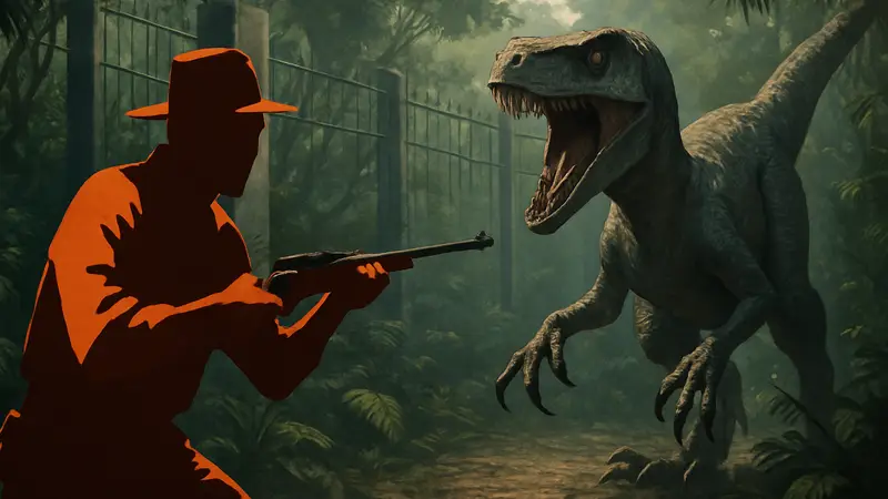 Кадр из YouTube-сериала The Muldoon Logs по вселенной Jurassic Park с напряжённой сценой.
