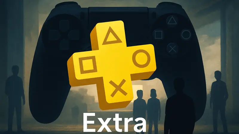 Логотип PlayStation Plus Extra на фоне игрового контроллера, символизирующий пополнение каталога игр