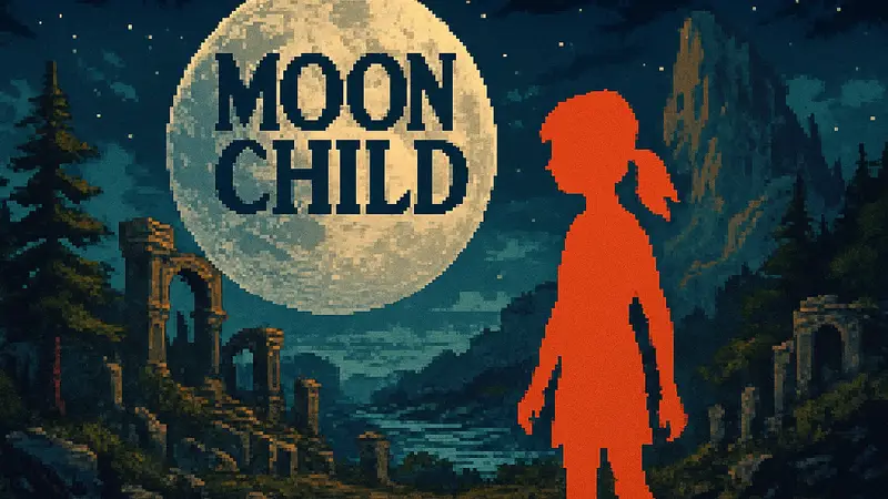 Обложка или скриншот из старой Amiga-игры "Moon Child", выполненный в пиксельном стиле.