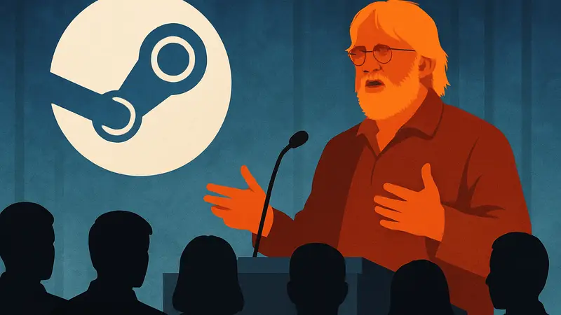 Гейб Ньюэлл, глава Valve, выступает на конференции, на фоне логотип Steam.