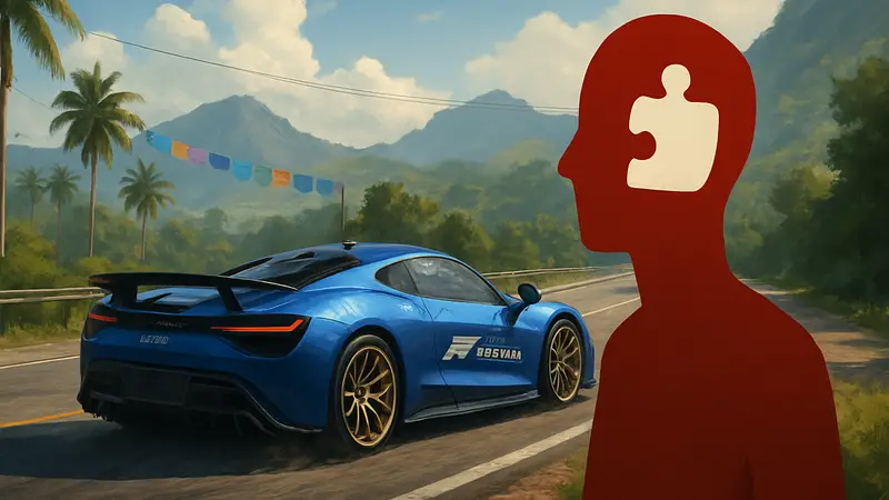 Игровая сцена из Forza Horizon 6 с гоночным автомобилем на дороге, иллюстрирующая проблемы в игре